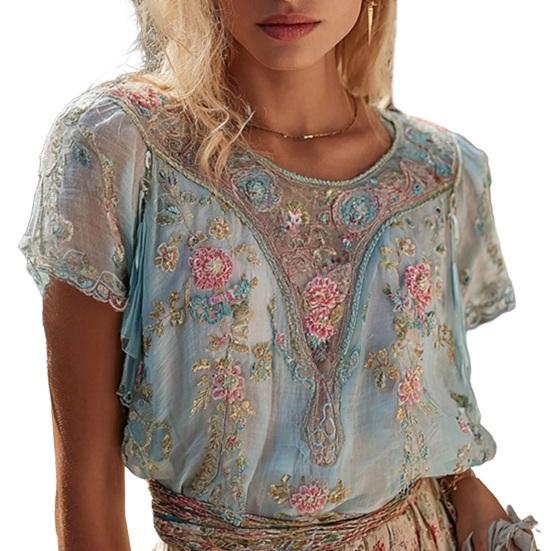 Women Tops Round Neck Short Sleeve Pullover Tops Loose Fit Faux Pearls 3D Floral