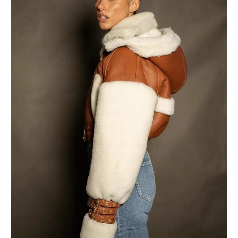 Shearling Faux Fur Short Jacket Women Winter Retro Streetwear Hooded Biker Coat Chocolate