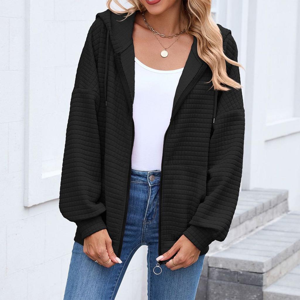 Women's Fashionable Solid Color Zipper Long Sleeved Hooded Pocket Sweatshirt Jacket
