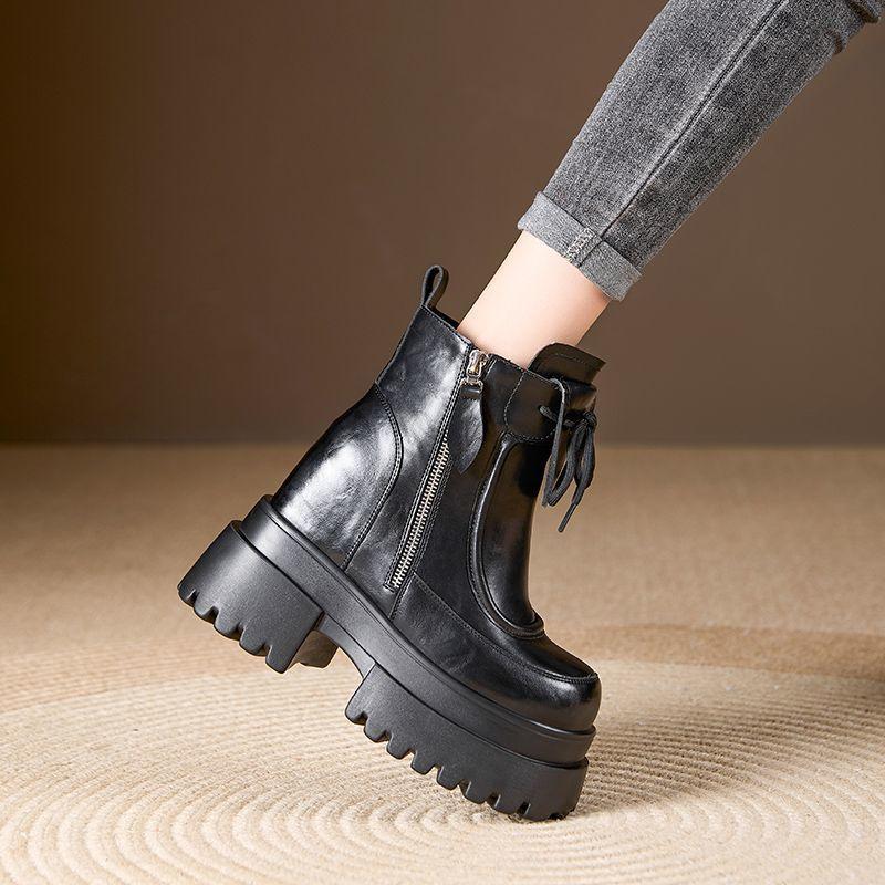 Increase Height Leather Booties Square Toe Chunky Ankle Boots for Women Fashion 2025 Y2k New in Autumn Winter Woman Short Shoes