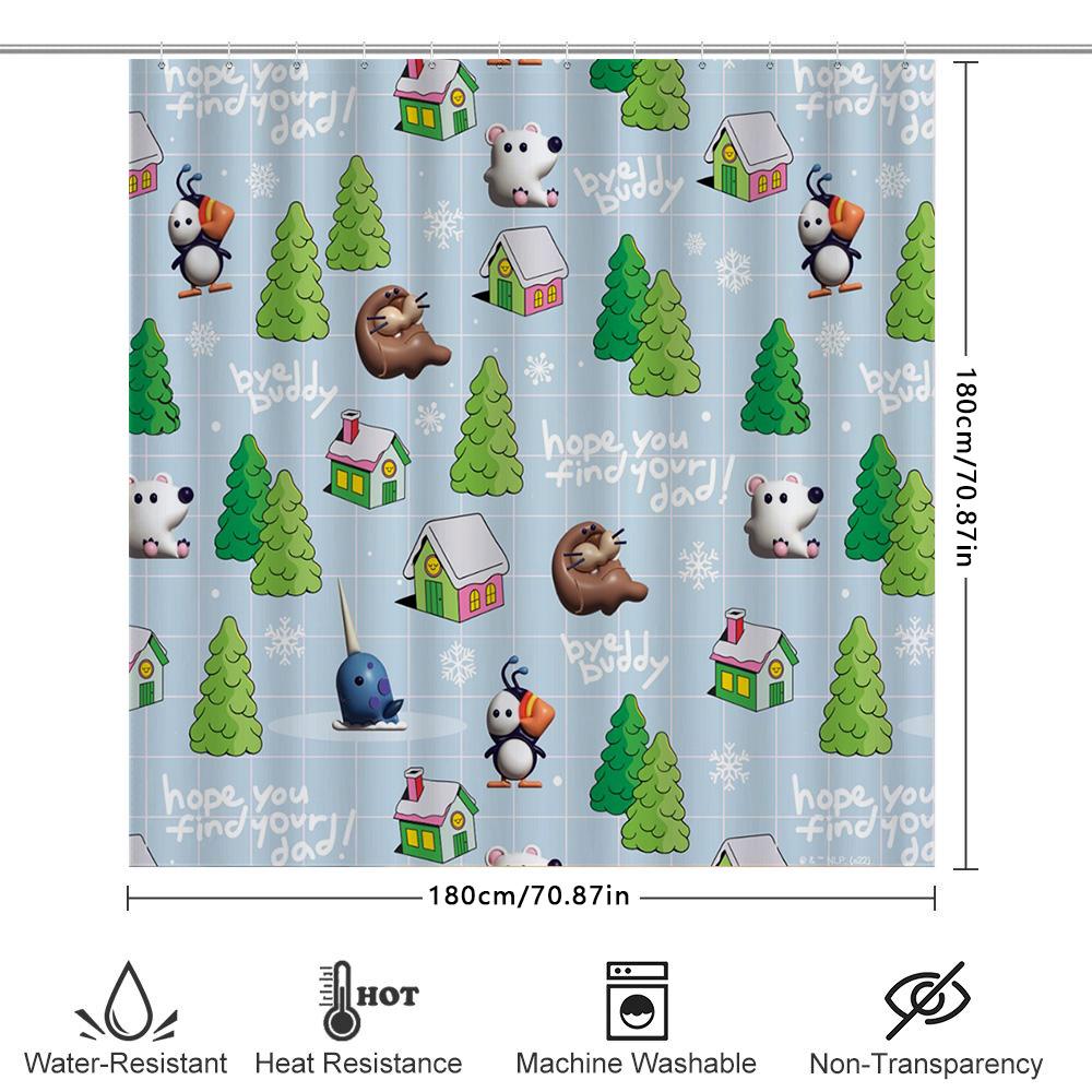 Whimsical Christmas Shower Curtain With Adorable Animal Design Blue Background Decorative Bathroom Liner For Home Decoration Gif