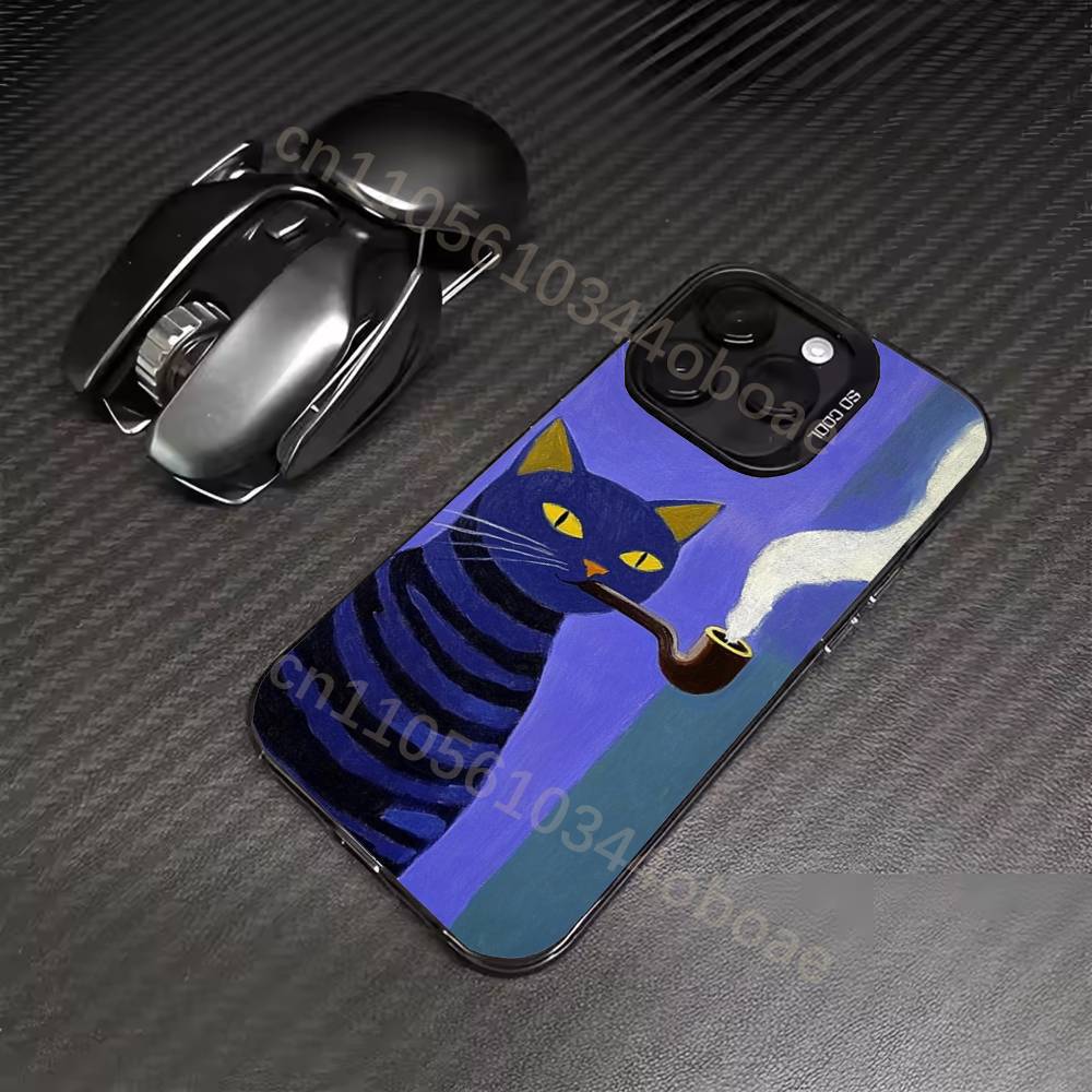 Retro Oil Painting Black Cat Phone Case For iPhone 17,16,15,14,13,12,11,Pro,Max,Plus Soft Black Cover