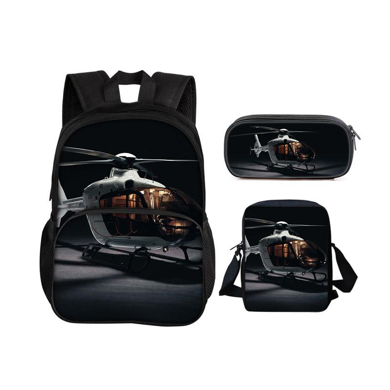 Helicopter Round Front Bag Backpack Pencil Case Shoulder Bag 3Pcs Set Mechanical Printing Best Gift for Boys and Girls In School