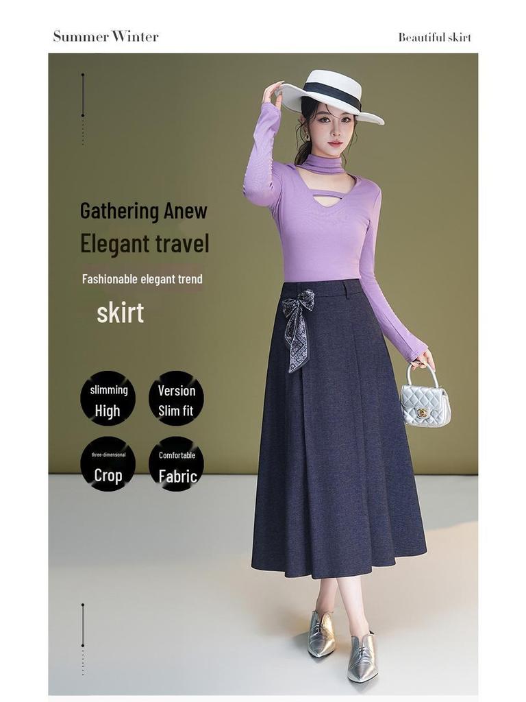 Autumn Silk Scarf Bow A-Line Pleated Skirt for Women