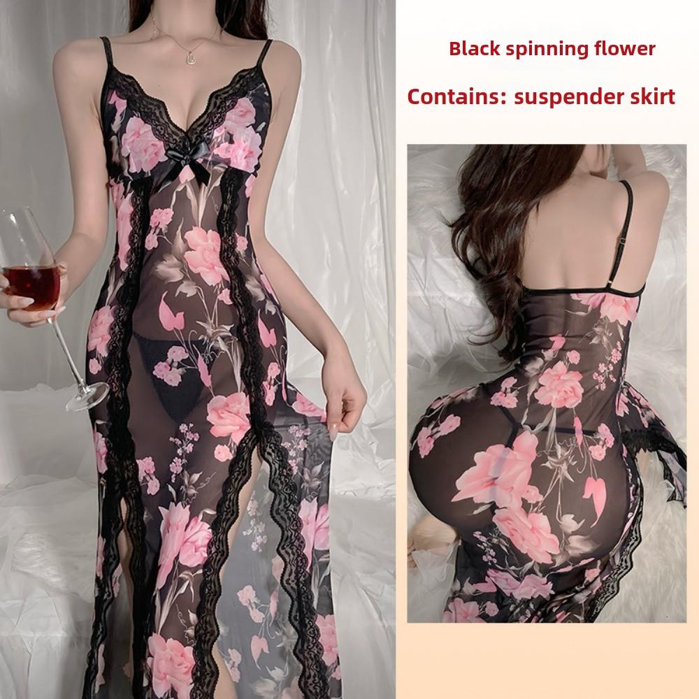 Sexy Mesh Deep V Lace Pajamas Side Split Suspender Skirt Extended Loungewear Pajamas