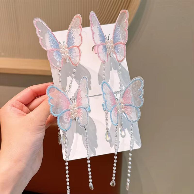 1 Pair Ancient Clothing Fabric Butterfly Hairpin Children's Chinese Style Shaking Tassel Super Immortal Ancient Pair Color Duckbill