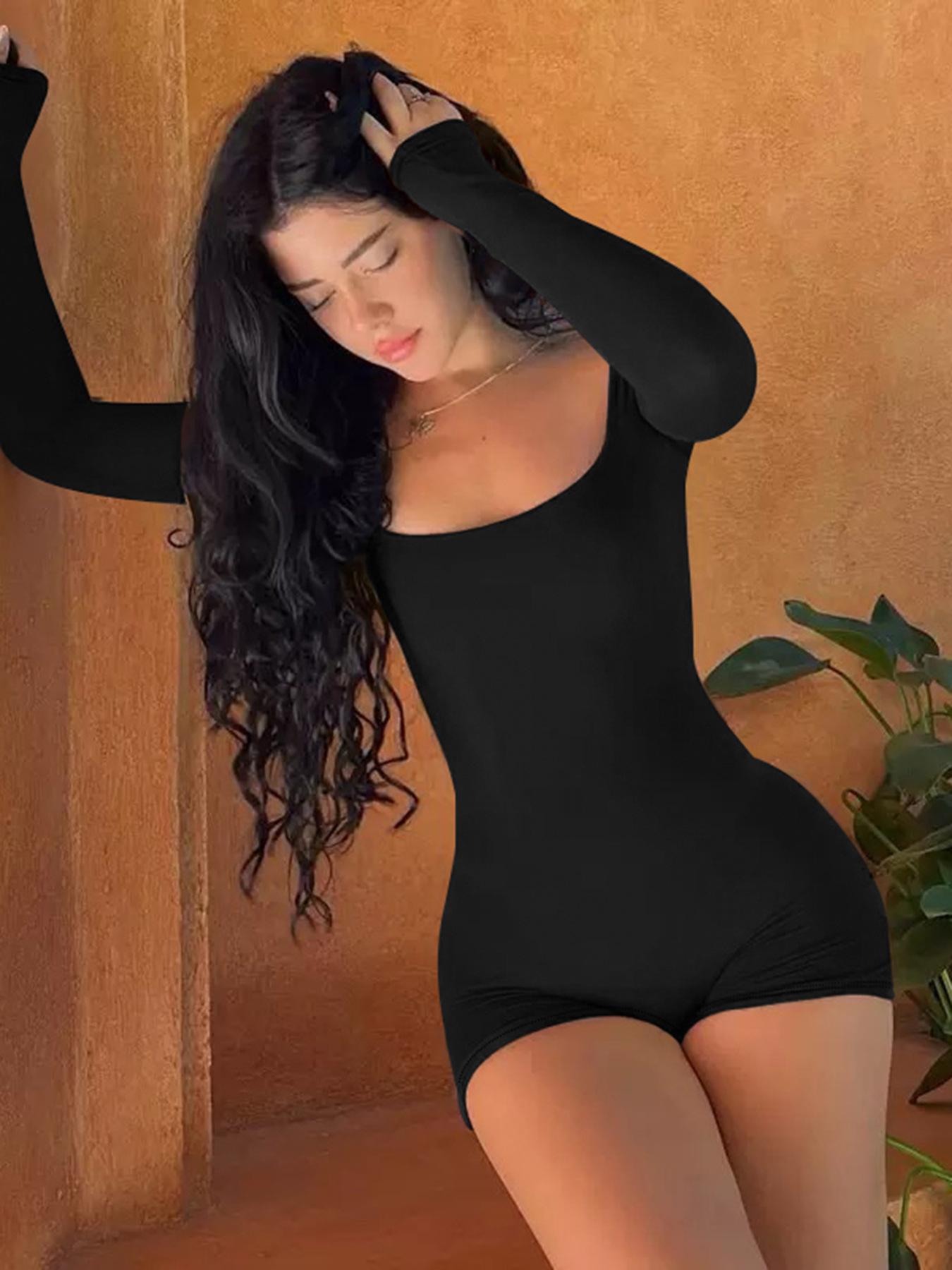 

European and American style fashion square collar tight-fitting hot girl long-sleeved strapless backless one-piece L чорний