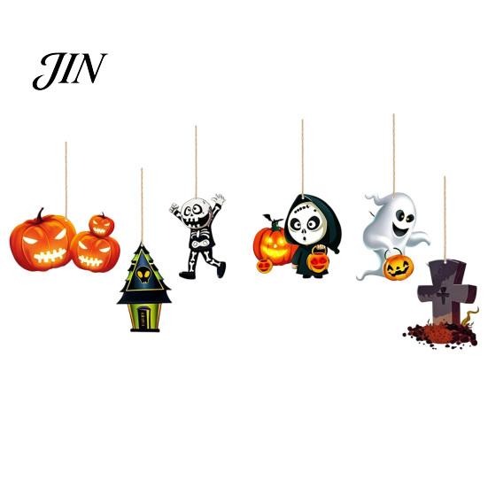 Halloween Hanging Decor 6Pcs Wooden Decoration, Ghost Pumpkin Eyeball Pendant Ornament with Rope, Spooky Holiday Party Decorations