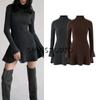 Autumn New Women Clothes French Style Idle Style Half-high Collar Long Sleeve Waist Hugging A- Shaped Wool Knitting Short Dress