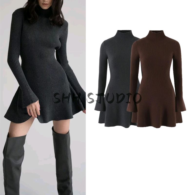 Autumn New Women clothes French style Idle Style Half-high Collar Long sleeve Waist Hugging A- Shaped Wool Knitting Short Dress