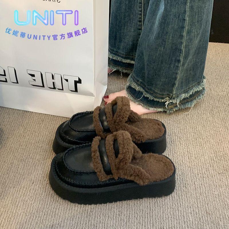 Thick-soled Birkenstocks women's outer wear fluffy slippers 2025 new autumn and winter velvet snow boots bag head half slippers cotton tow