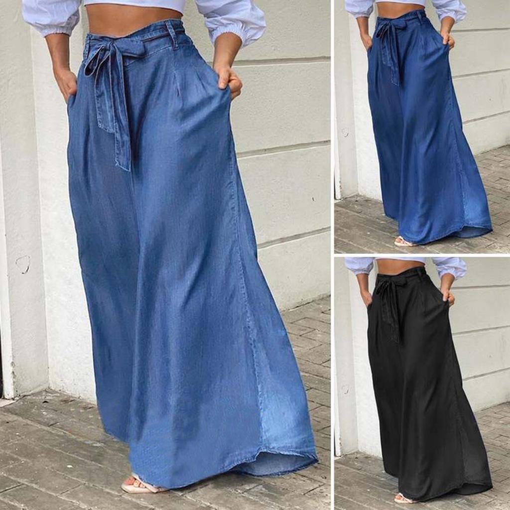 Elegant Lace-up High-waist Wide-leg Pants Casual Denim Trousers
