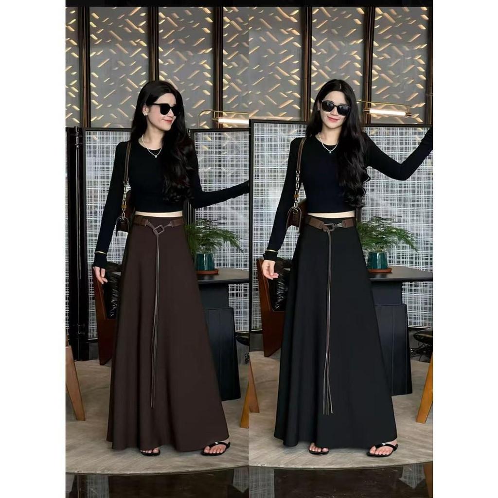 Elegant High-Waisted A-Line Maxi Skirt with Belt for Women – Autumn 2025