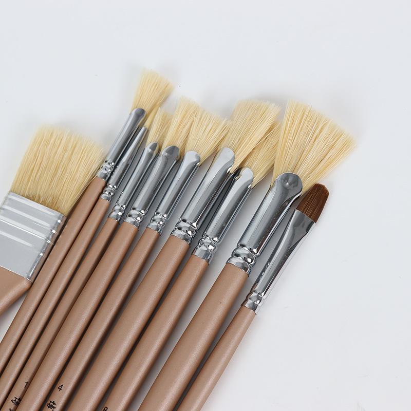 10-Piece Hog Bristle Brush Set: Liner, Flat Head, Gouache, Acrylic, Wolf Hair, Watercolor, Fan Brush for Oil & Wall Painting.