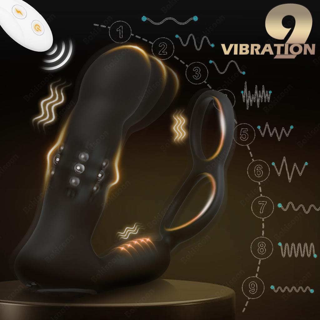 9 Wiggling Thrusting Beads Prostate Massager Vibrating Butt Plug with Penis Ring Vibrator Anal Dildo Prostate Stimulor for Men Double-locking Ring