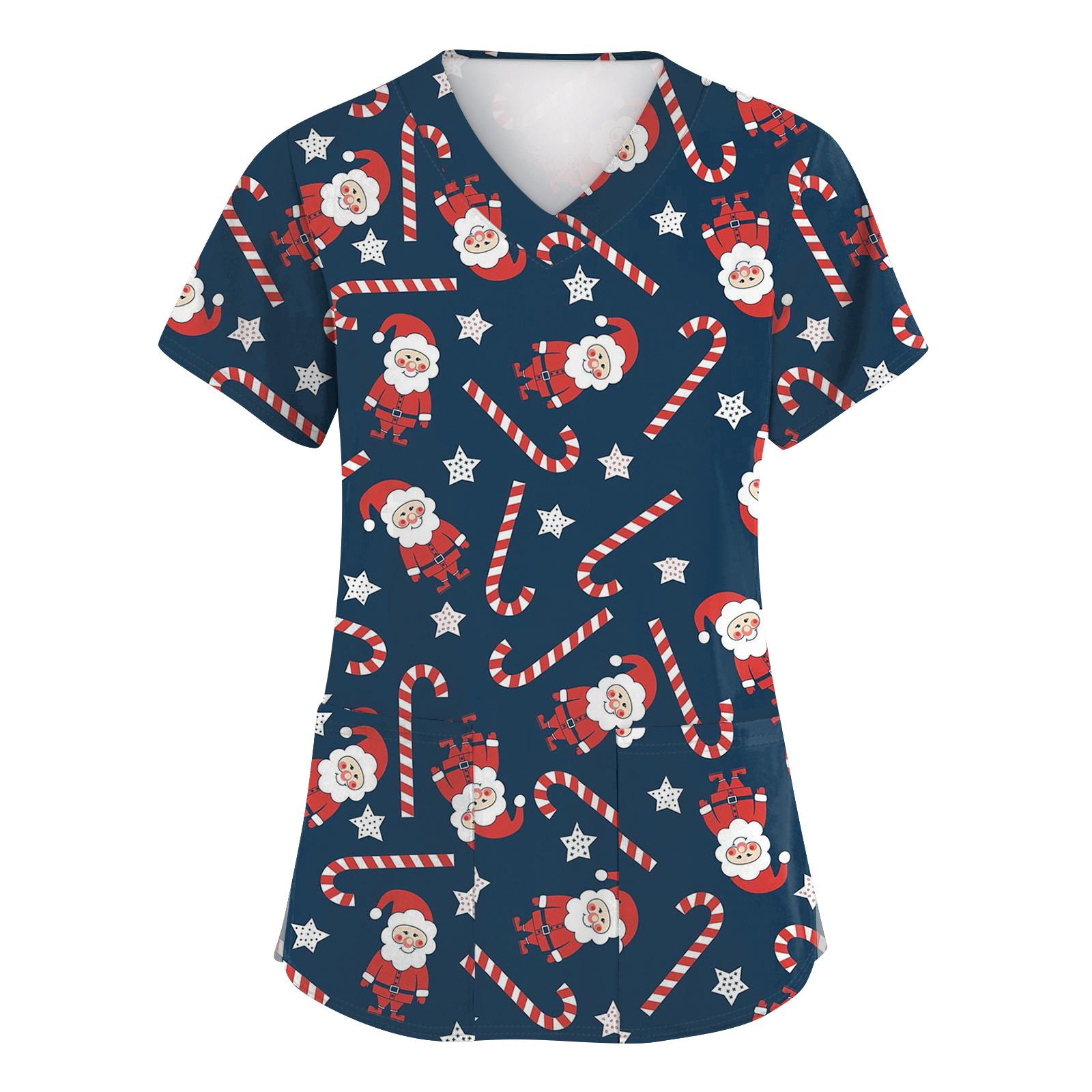 

Женские модные топы с коротким рукавом, рождественским принтом, V-образным вырезом, карманом, рабочая одежда XXXL