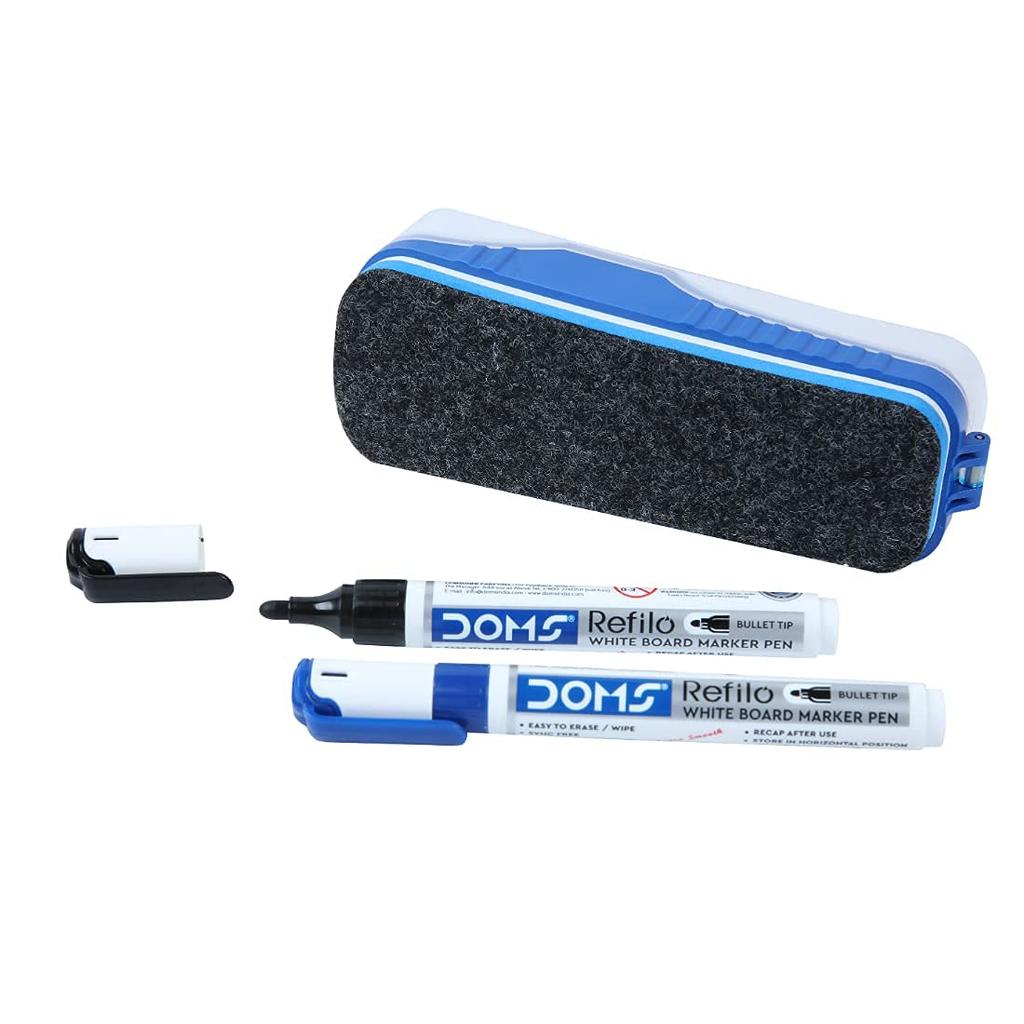 DOMS Fine Magnetic Whiteboard Duster Marker Set White Board Markers Blue Black Ink Set of 2 Markers & 1 Duster Pack of 1
