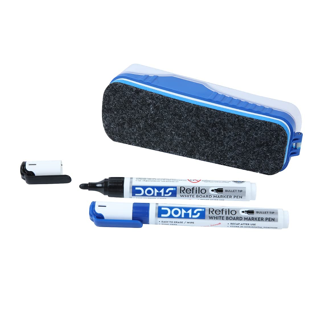 

DOMS Fine Magnetic Whiteboard Duster Marker Set White Board Markers Blue Black Ink Set of 2 Markers & 1 Duster Pack of 1