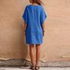 Women V Neck Loose Fit Linen Dress with Pockets Short Sleeve Casual Tunic Dress Comfortable Relaxed Style for Daily Wear