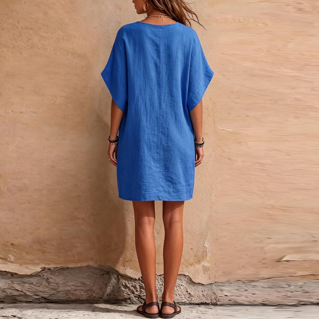 Women V Neck Loose Fit Linen Dress with Pockets Short Sleeve Casual Tunic Dress Comfortable Relaxed Style for Daily Wear