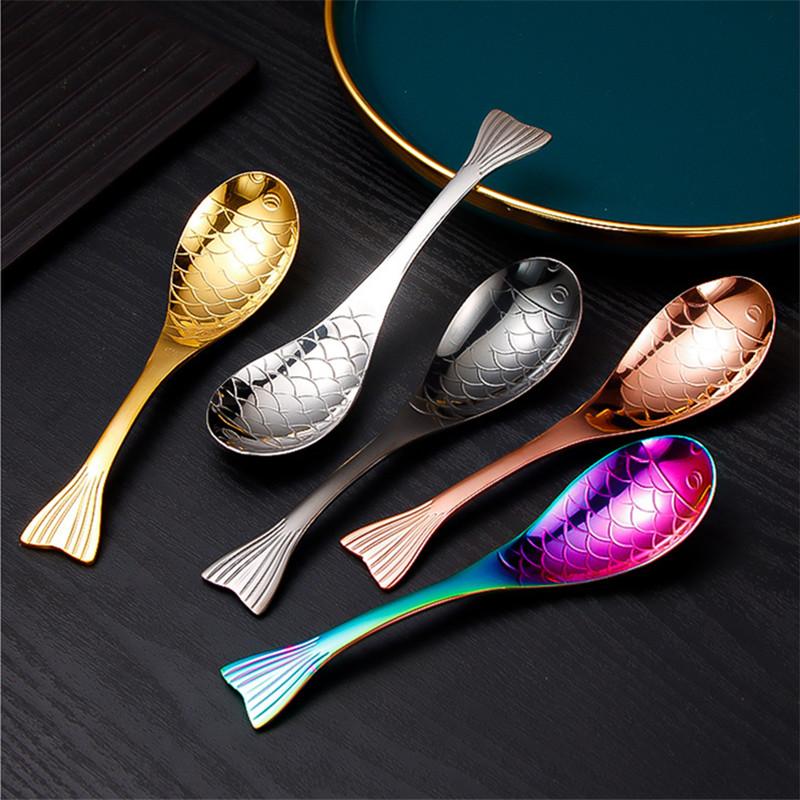 304 Stainless Steel Fish-shaped Tea Spoon Golden Thickened Coffee Spoons Dessert Cake Tools Colors Kitchen Table Decoration