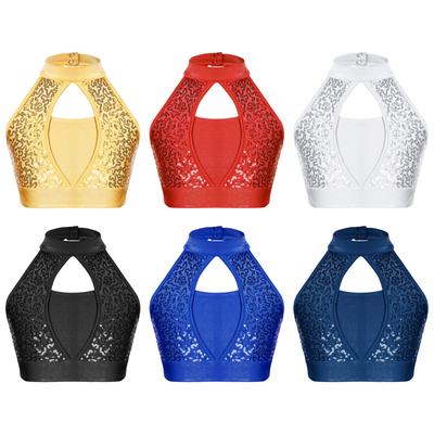 Dziewczęcy Top Bez Rękawów z Golfem i Wycięciem z Przodu, Dziurką z Tyłu, Patchworkiem z Sequins, Krótki Top, Top na Zawody Taneczne