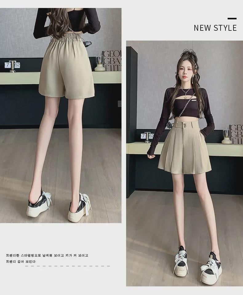 Women's Khaki Pleated A-Line Culotte Shorts - 2024 Summer Fashion Wide-Leg Style