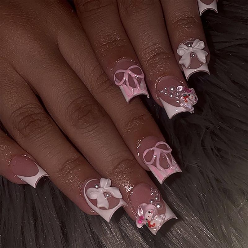 

Sweet pink French white edge wearing nail three-dimensional bow fake nail short square manicure nail piece