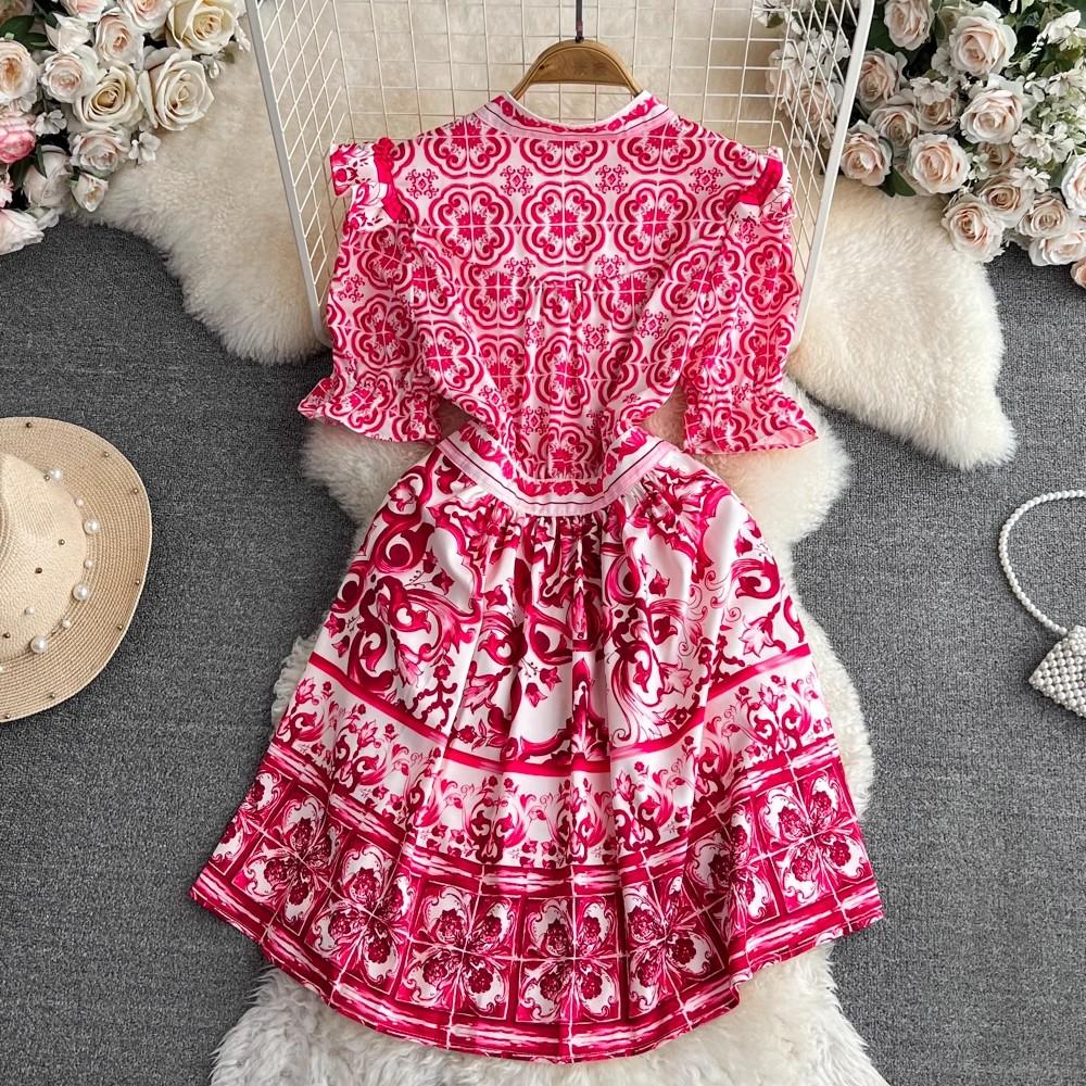 Sommer Runway Rot Blau Porzellan Partykleid Damen V-Ausschnitt Flare Ärmel Rüschen Knöpfe Blumendruck Strand Minikleider