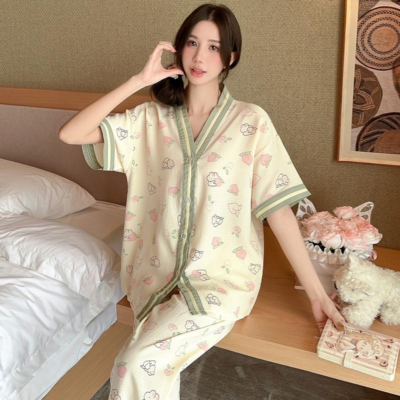 Thin Pajamas Girl Spring and Summer Cute Cartoon Print Short-sleeved Trousers Set Wrinkled Texture Breathable Loungewear