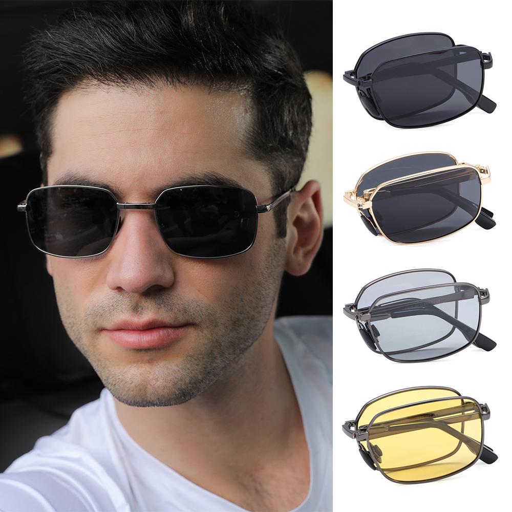 Portable Folding Sunglasses For Men Women Fashion Square Metal Frame Sunglasses Night Vision Eyewear Driving Glasses