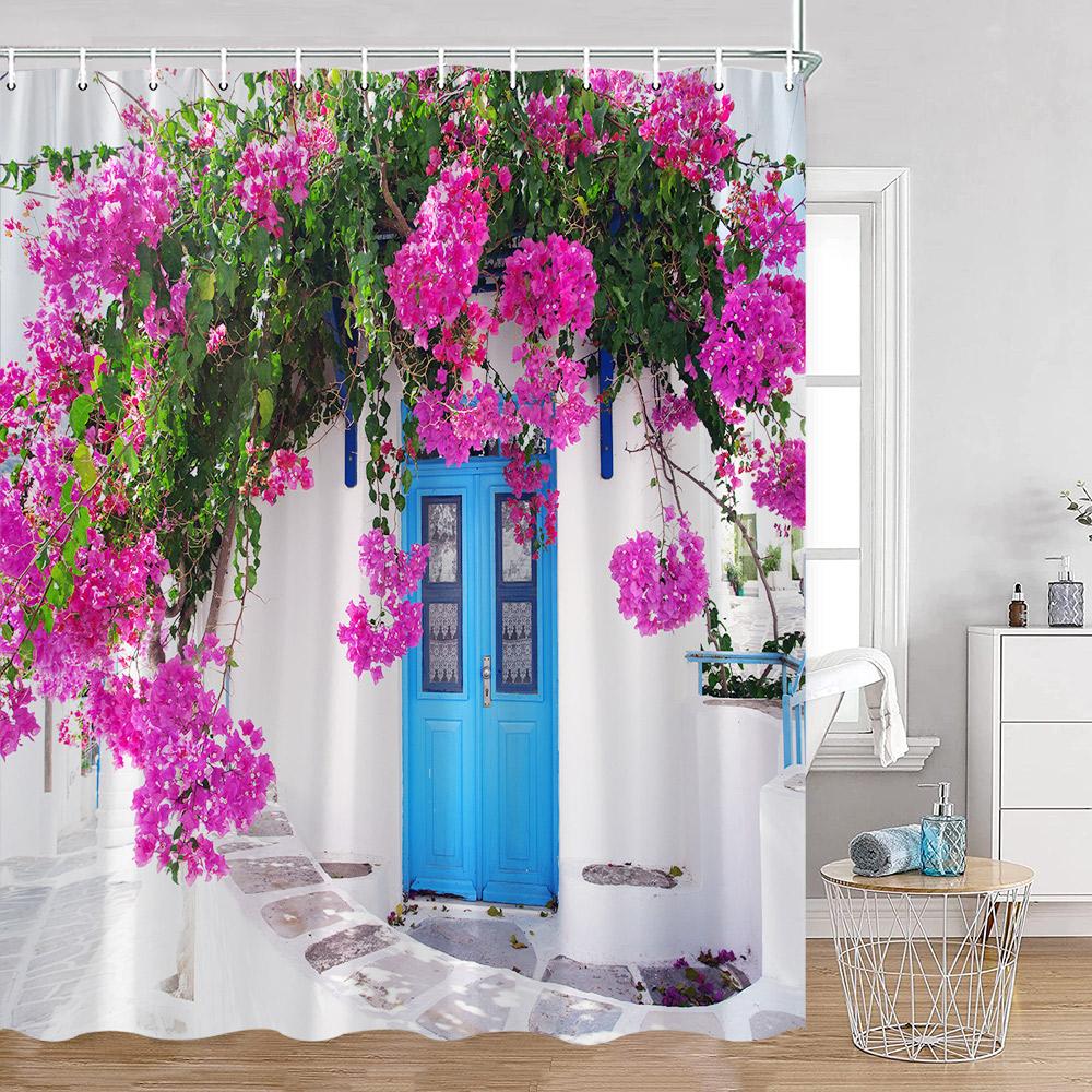 Greek Town Shower Curtain Greek Street View Sea View Blue Door Greece Scenery Bathroom Curtain Flower Plant Bath Decor with Hook