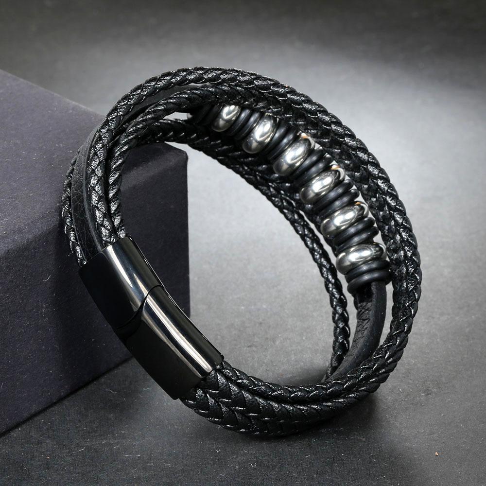 Popular stainless steel leather bracelet, men's multi-layer woven leather bracelet