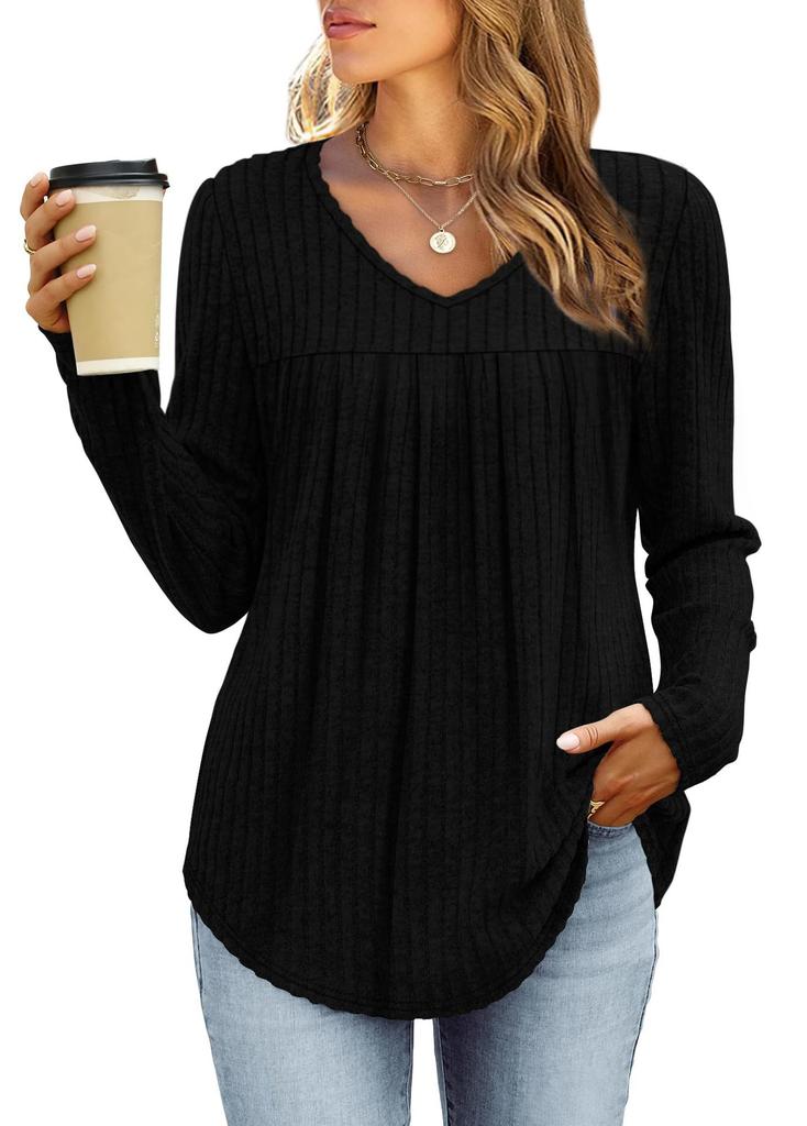 Women's V Neck Ribbed Knit Long Sleeve Tunic Top Pleated Front Curved Hem Casual Fall Blouse
