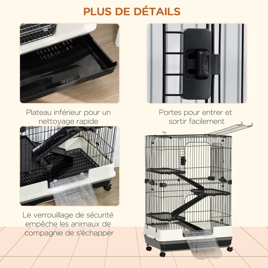 Four-Tier Small Animal Cage, for Bunnies, Ferrets, Chinchillas w/ Wheels, Tray - Black