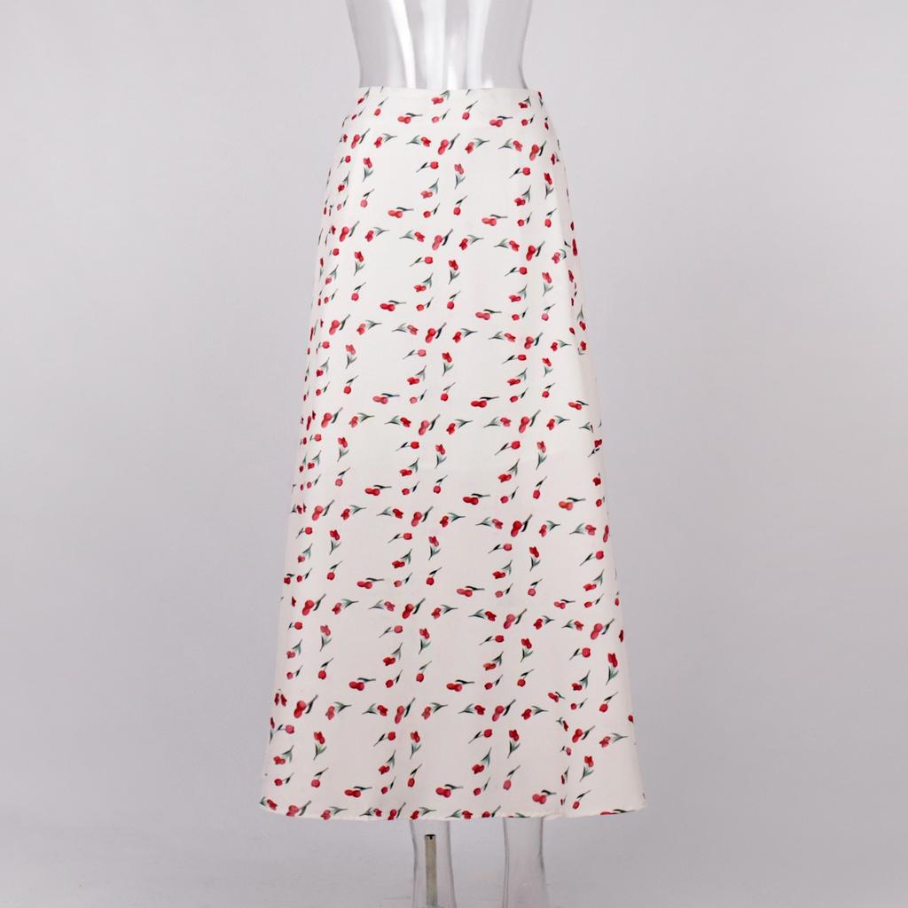 Spring Women's Elegant High Waist A-line Mermaid Hem Floral Cherry Print Skirt Vintage Crossborder European American Style Skirt