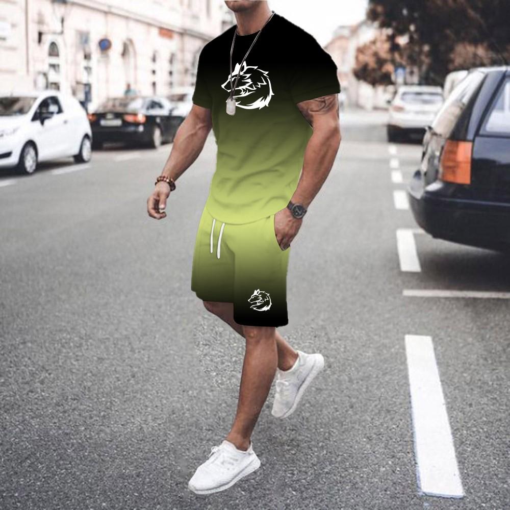 Summer Personalized New 3D Men's Gradient Two-piece Set Wolf Print Fashion Trend Pattern Street Handsome Men's Casual Suit