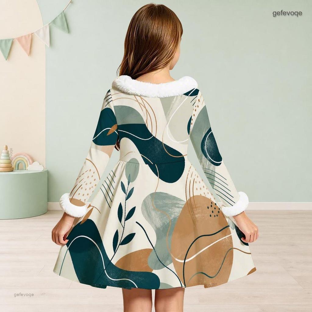 Girls Long Sleeve Faux Fur Collar Abstract Printed A Line Flared Dress With Waist Bow