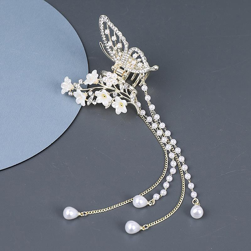 Butterfly Tassel Pearl Hair Claw Red Flower Festival Hairpin For Girls Ponytail Hair Clips Crab Women  Accessories Gifts