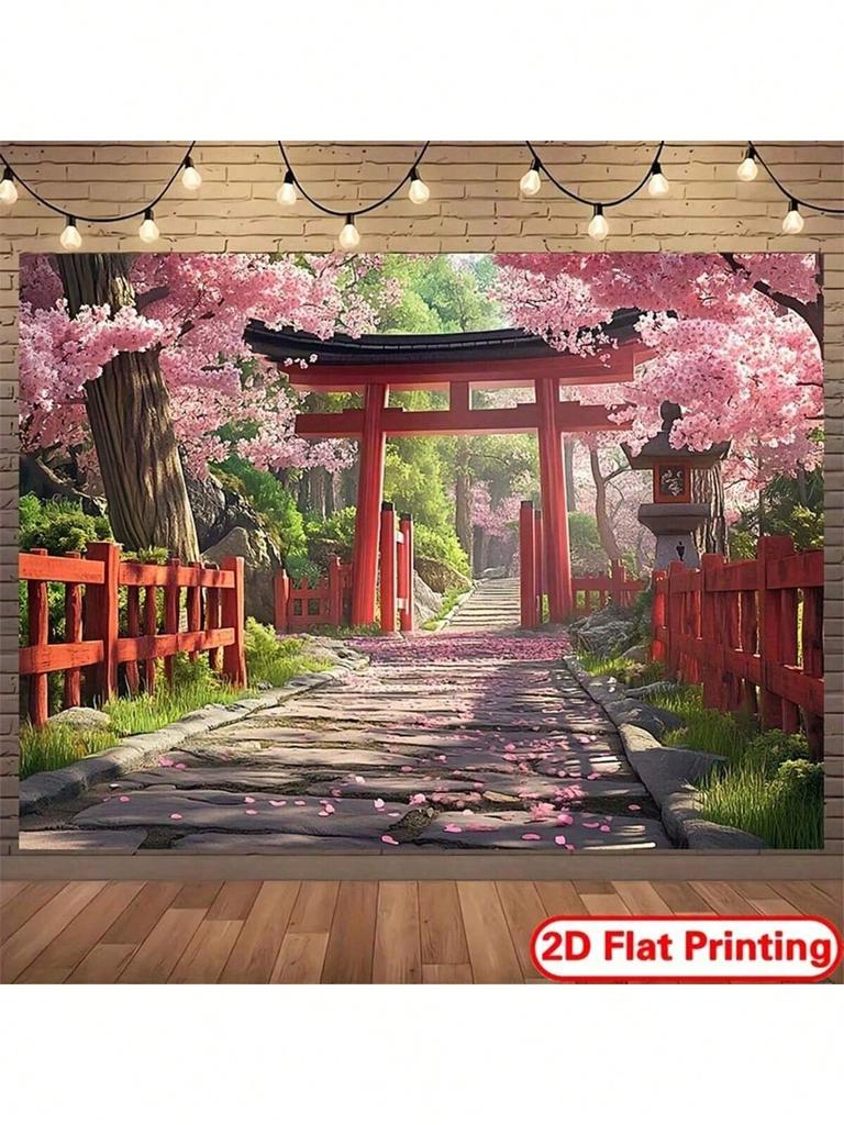 Japanese Sakura Torii Gate Decor Tapestry Pink Cherry Blossom Path Wall Hanging Decorative Wall Cloth For Room Aesthetic