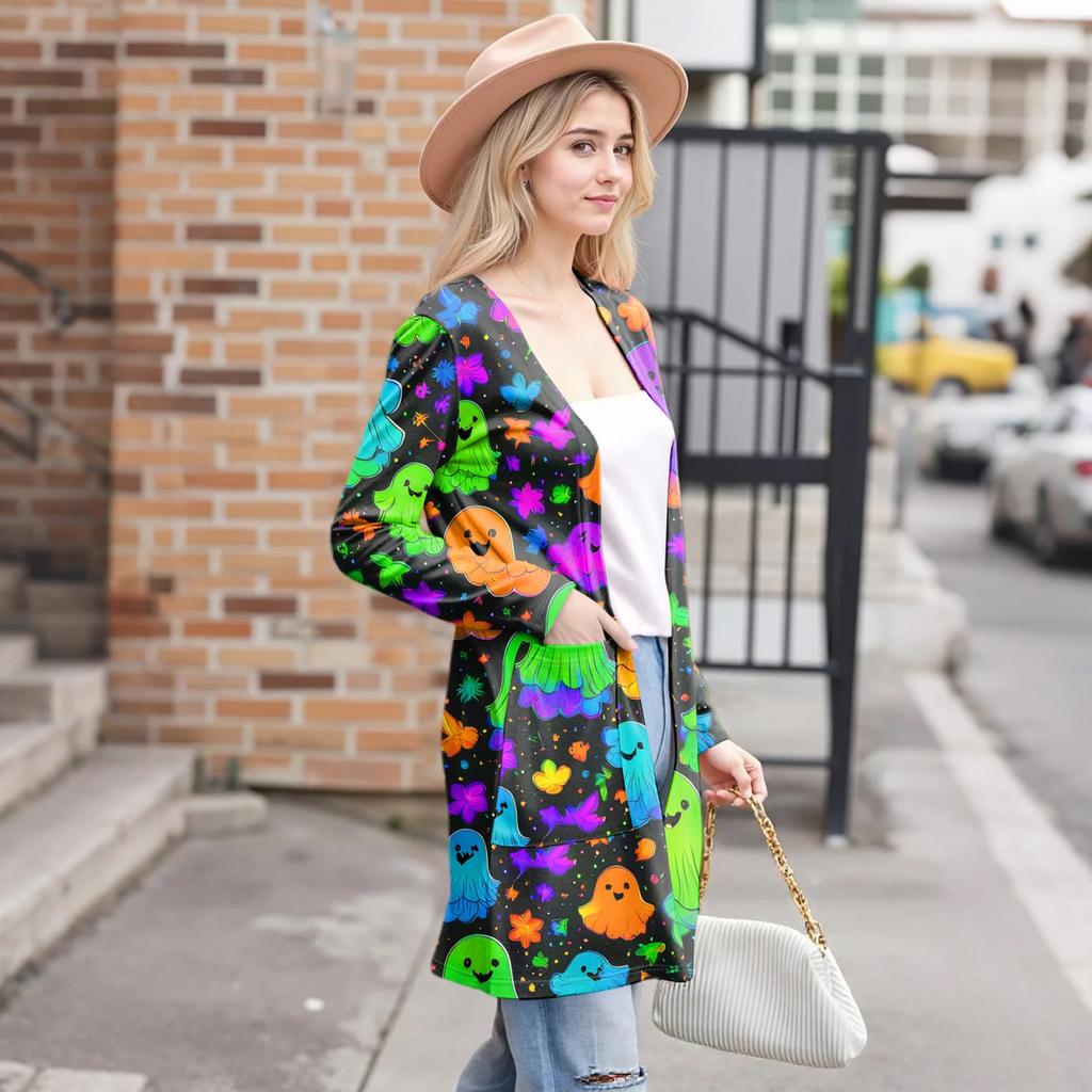 Cardigan da Donna Casual Comodo con Stampa di Halloween di Media Lunghezza con Tasche Giacca