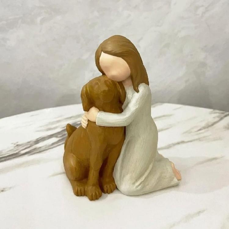 Girl Hold Dog Statue Desk Ornament Resin Sculpture Friendship Figure Crafts