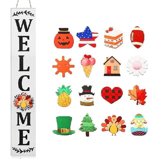 Jetec Welcome Sign for Front Door Interchangeable Wooden Welcome Porch Sign Outdoor Decoration Replaceable with 16 Seasonal Icon for Valentine's St.