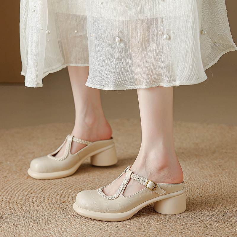 Krazing Pot Cow Skin Round Toe Size 42 Thick Round Med Heels Slip on Platform Mules Gladiator Autumn Pumps