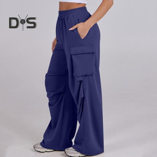 Women Cargo Pants Elastic Waist Mid-rise Straight Wide Leg Sweatpants with Multi Pockets Solid Color Casual Jogging Pants Loose Lounge Pants