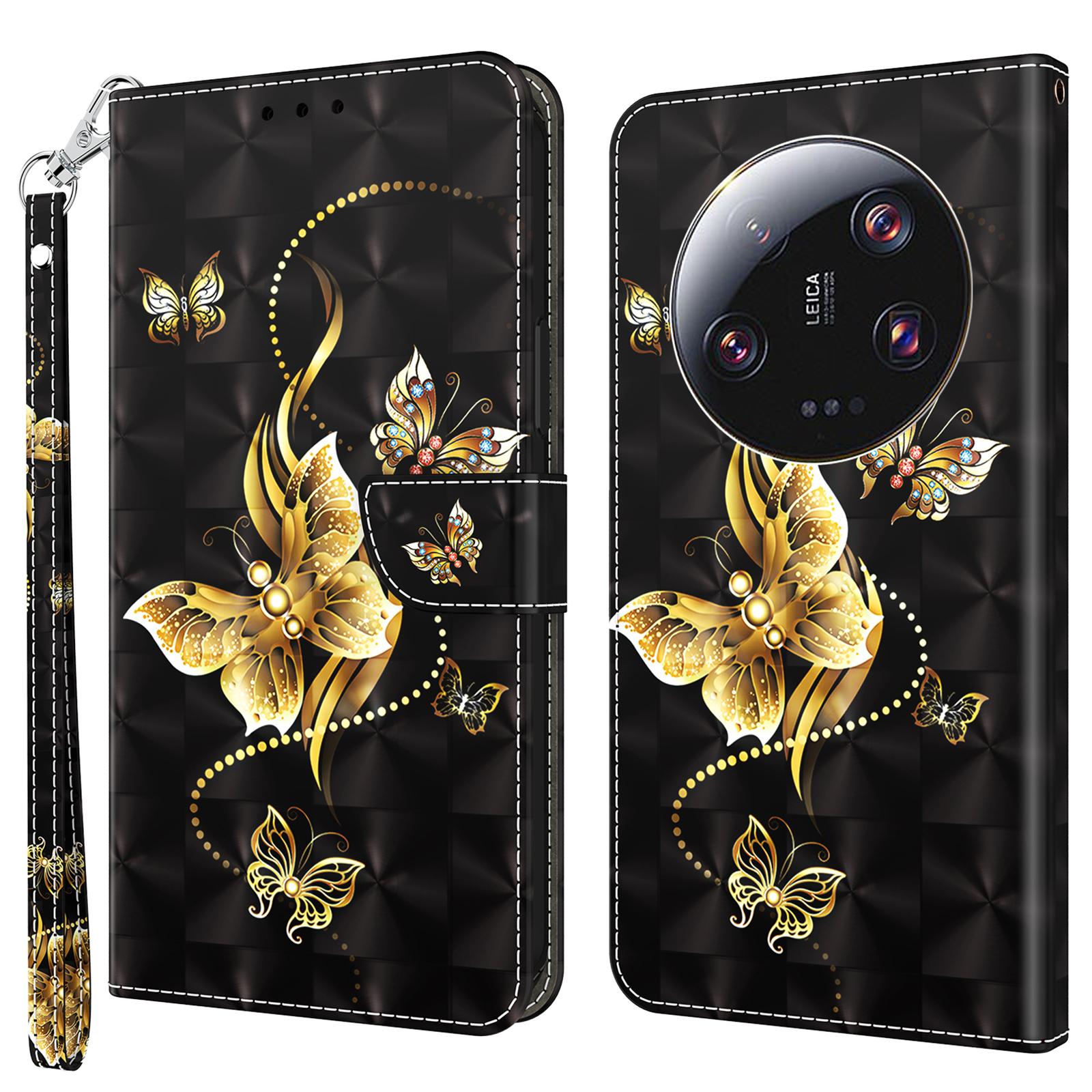 

3D Pattern Printing Phone Case for Xiaomi 13 Ultra PU Leather Wallet Cover Phone Shell with Strap Golden Butterfly
