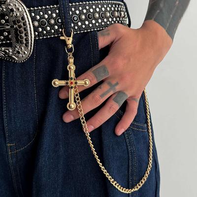 PuRui Hip Hop Exquisite Gold Color Lobster Claw Buckle Belt Chain Men Punk Vintage Jeans Chain Rhinestone Cross Pendant Zircon