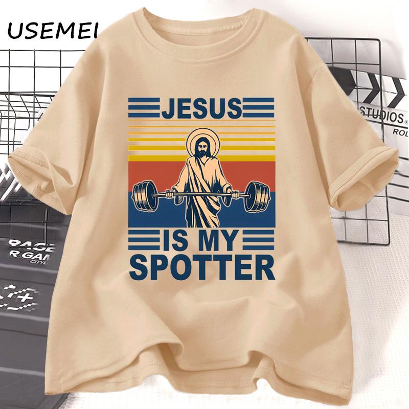 Fitness Jesus Is My Spotter T-shirt Men Casual Vintage Religious Faith Gym T Shirt Christian Funny Faith Tshirt Cotton Clothes