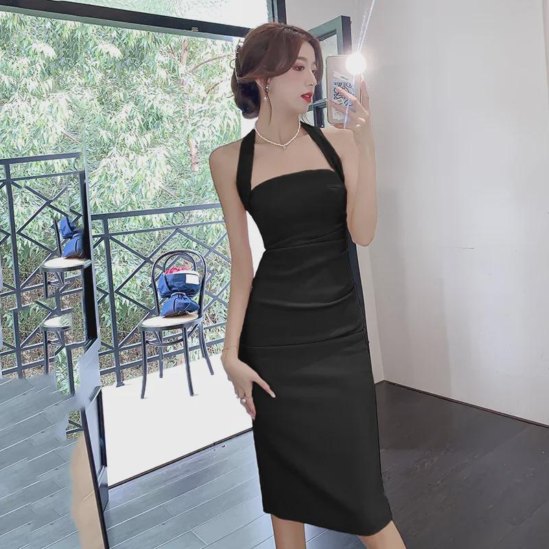 French Exquisite Retro Summer Halter Dress - Slim Fit, Bodycon with Slit, Spaghetti Straps, Royal Sister Style.