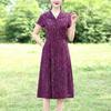 Spring Fall Floral Printed V Neck Lapel Collar Short Sleeves A-Line Midi Dress Casual Knee Length Dress for Women Middle Aged Ladies